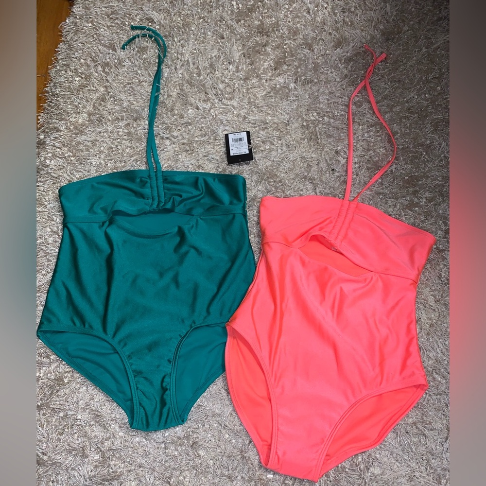 Kids One Piece Shimmery Swimsuit Set - Teal and Neon Coral - size XL NWT